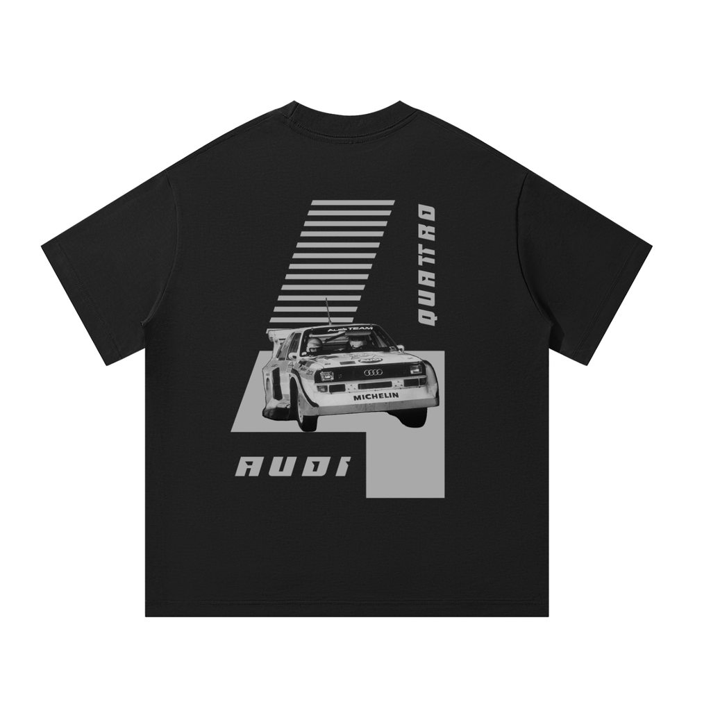 Black shirt with grey 4 with racing stripes with picture of 1985 audi quattro s1 e2 group b rally racing