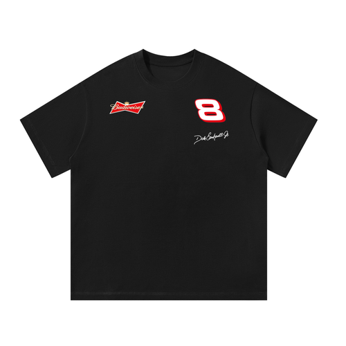 front of black shirt featuring budweiser logo and number 8