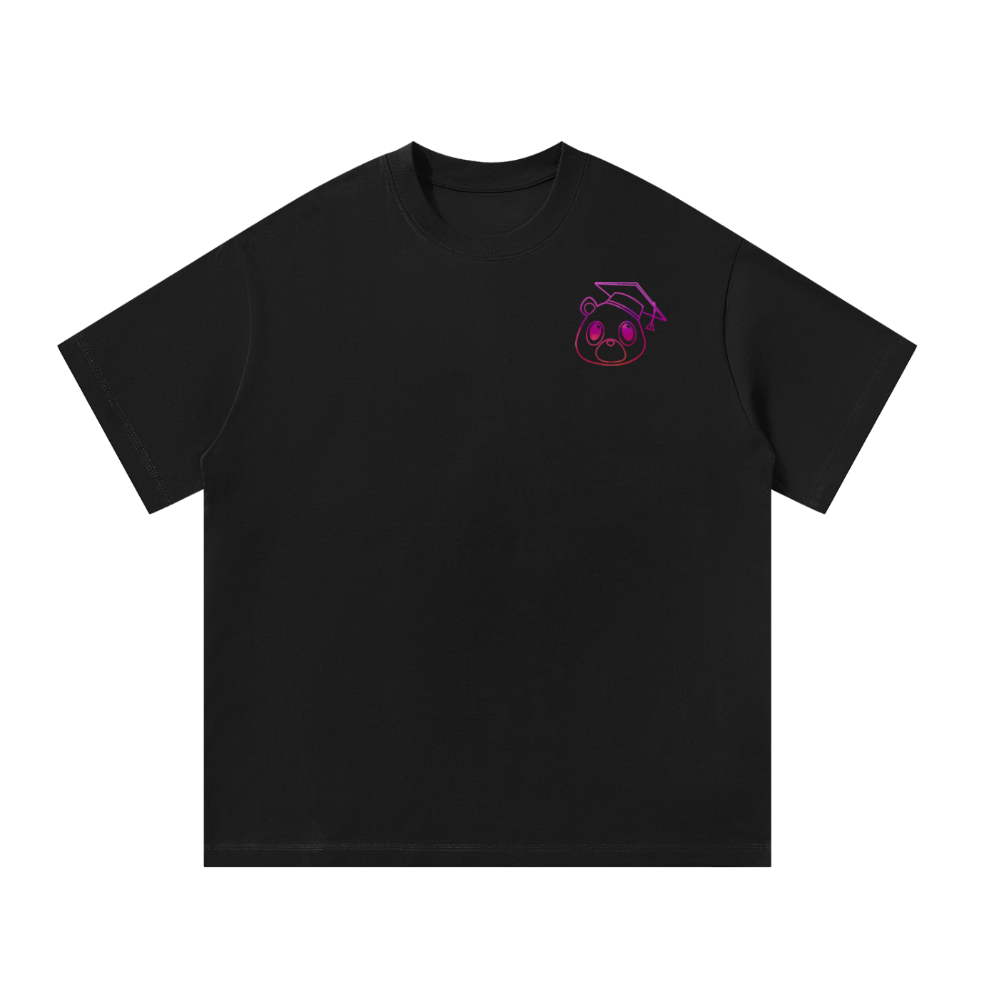 black shirt with kanye west graduation bear on the front in purple